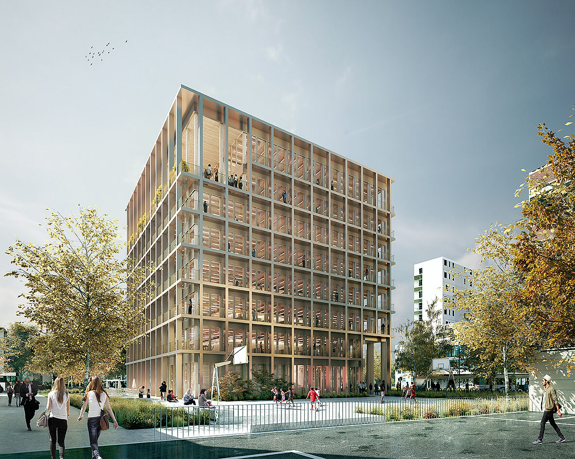 Der Name des Projektes „Cube“ ist Programm: Das Büroholzhaus ist ein perfekter Kubus mit 30 x 30 x 30 m.