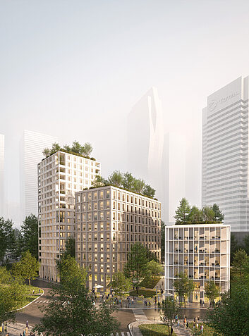 Wettbewerb Mehrere Wohnhochhäuser mit begrünten Dächern und urbaner Bepflanzung