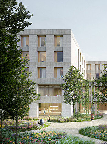 Moderner Gebäudekomplex mit Fensterfront und Bäumen, umgeben von einem Garten und Gehwegen.