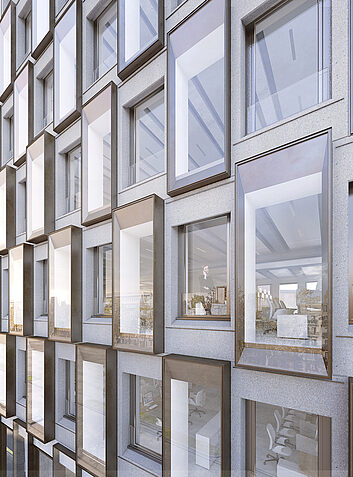 Auszeichnung Moderne Fassadengestaltung mit tiefen, plastisch hervortretenden Fensterrahmen