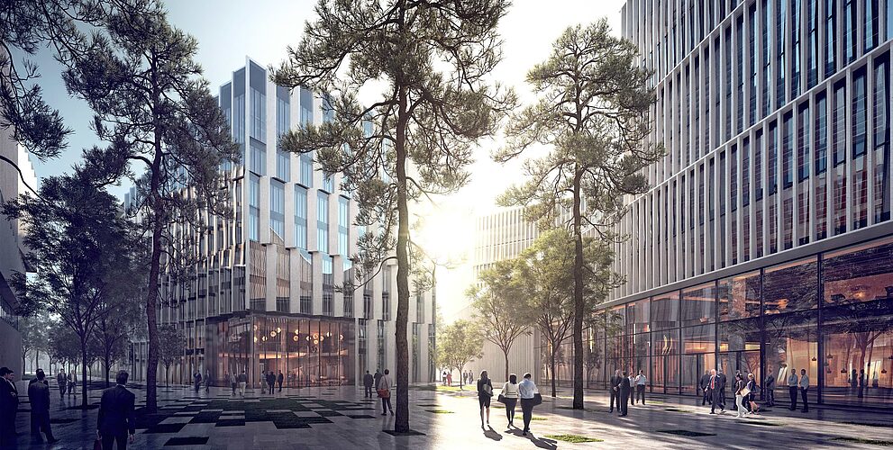 Konzeption eines neuen Stadtviertels Menschen spazieren zwischen modernen Bürogebäuden mit großen Glasfassaden und Bäumen